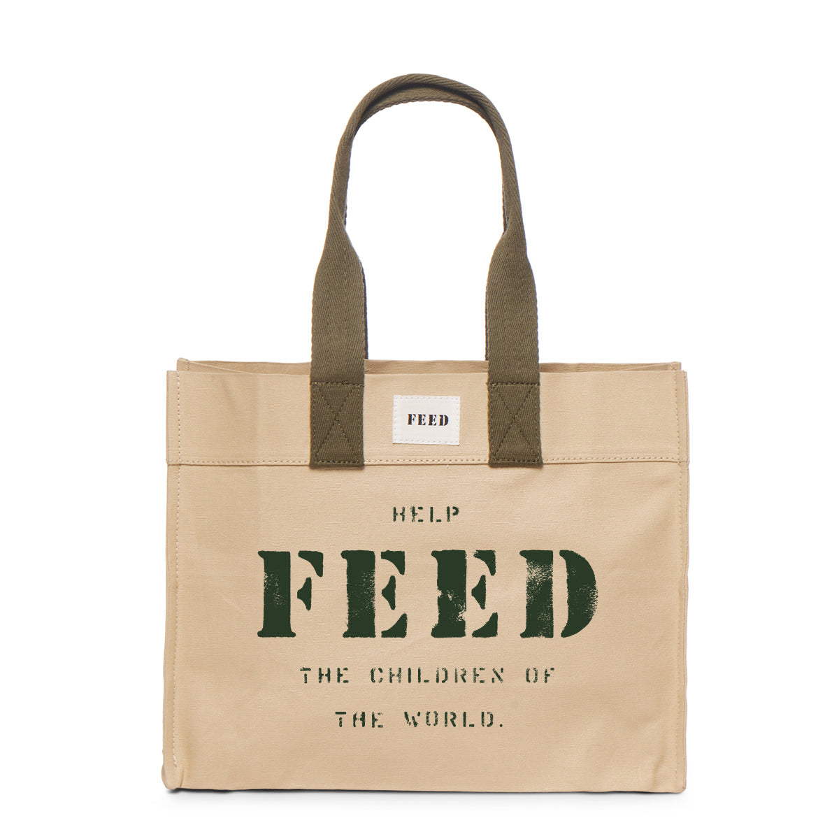 Sand | Front of sand FEED 10 tote bag with FEED the Children of the World text.