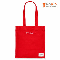 Red tote bag with 'i ❤️ mom' 