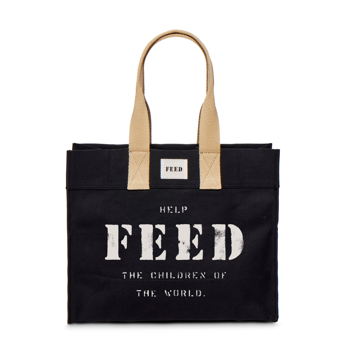 Black | Front of black FEED 10 tote bag with FEED the Children of the World text.