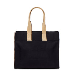 Black | Back of black FEED 10 tote bag with FEED the Children of the World text.
