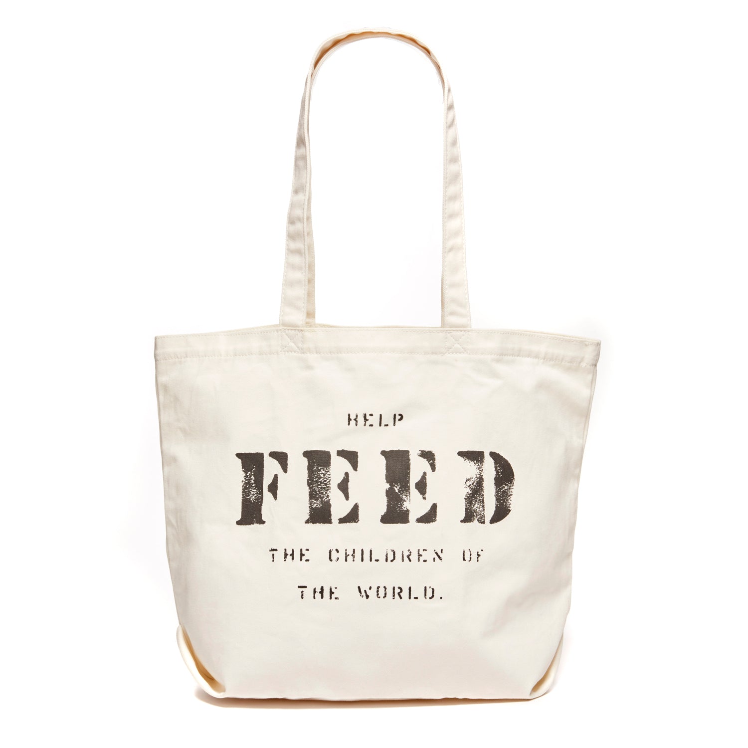 White | Front of white FEED 10 tote bag with FEED the Children of the World text. 