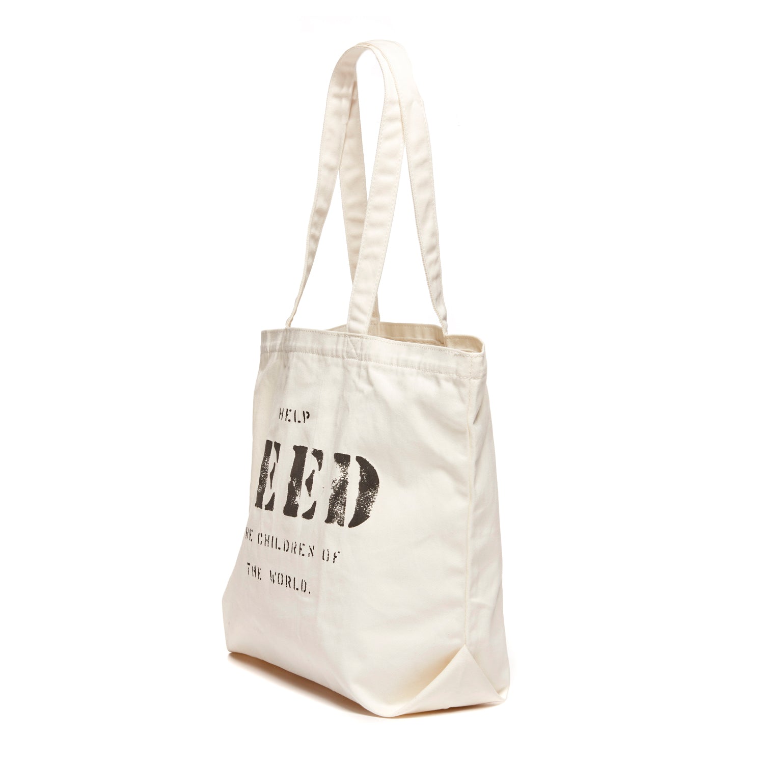 White | Side of FEED 10 tote bag in white. 