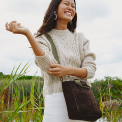Suede / Burgundy | woman wearing bucket bag
