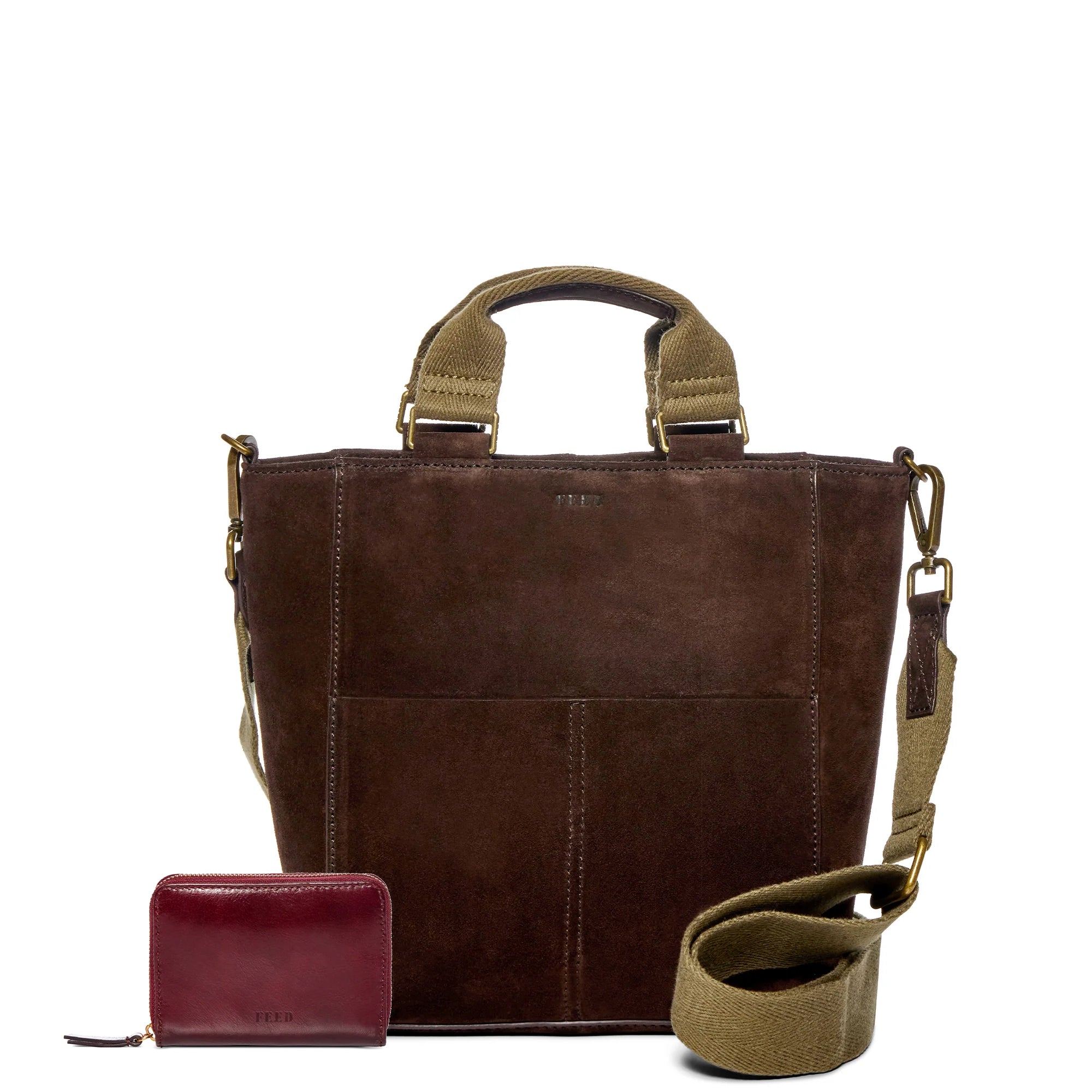 Suede / Burgundy | front image of wallet and bucket bag